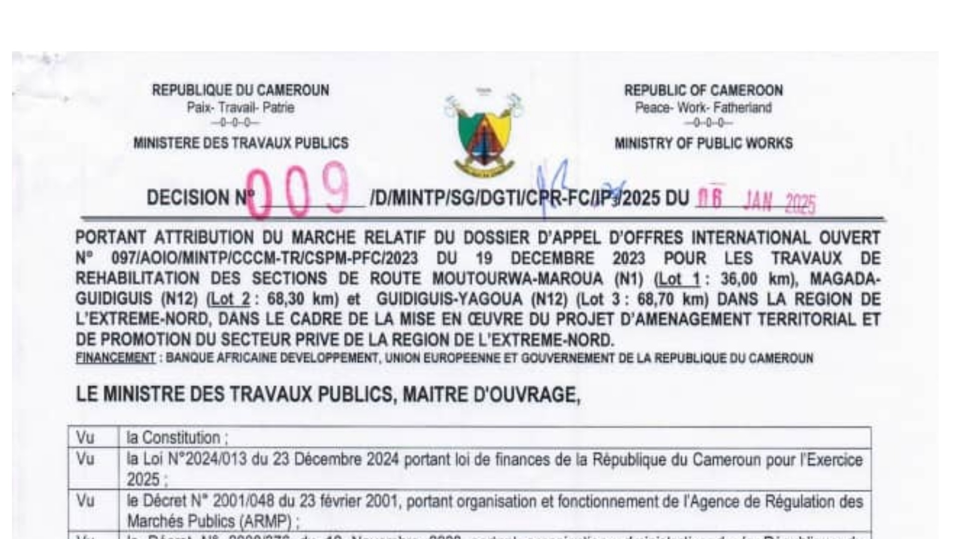 Réhabilitation de la route Maroua-Moutourwa : le marché des travaux est attribué au groupement SOTCOCOG SA/STAPORT SA