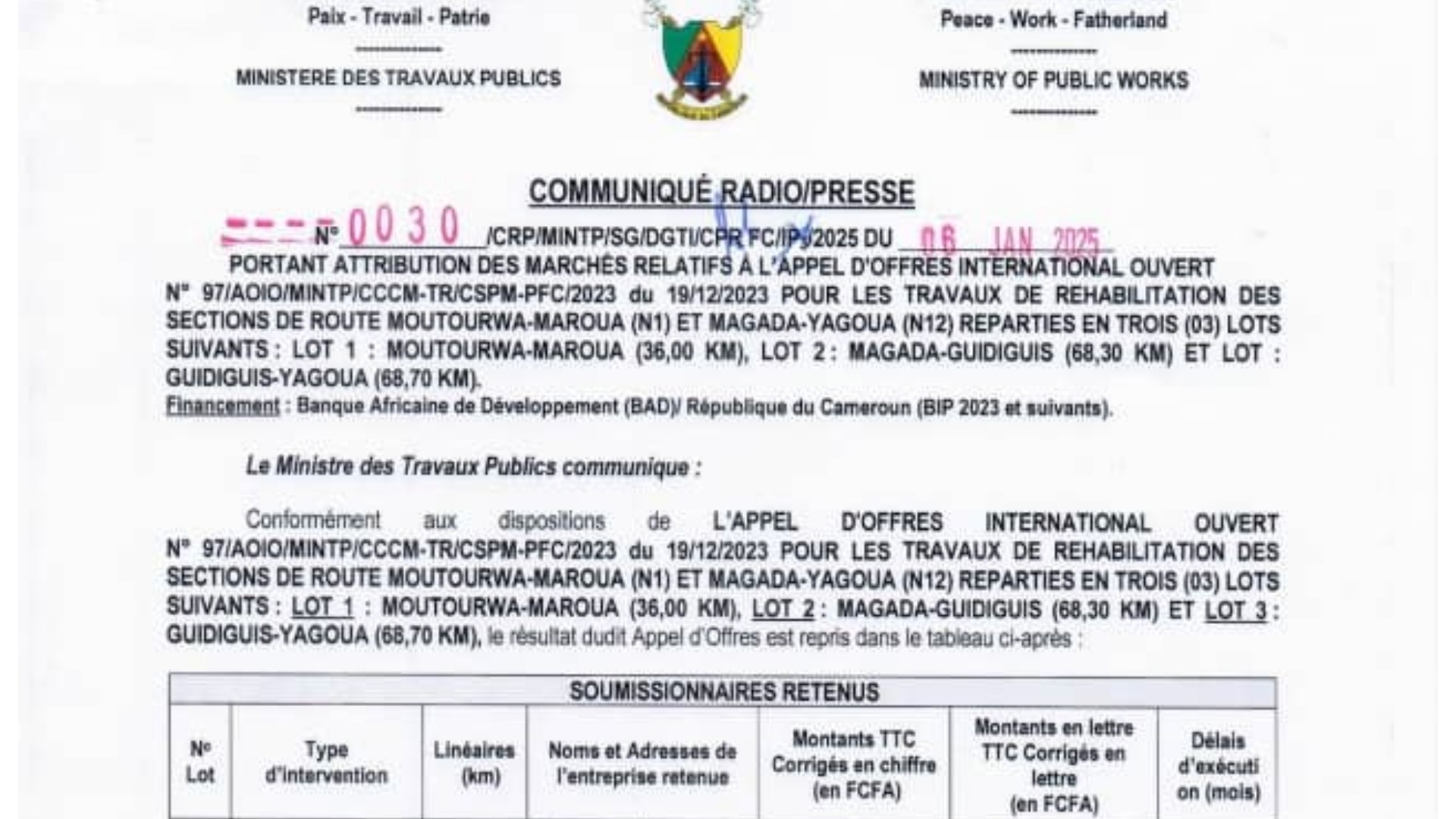 Réhabilitation des routes Magada-Guidiguis et Guidiguis-Yagoua : les marchés des travaux sont attribués au groupement SINOHYDRO/STECOL