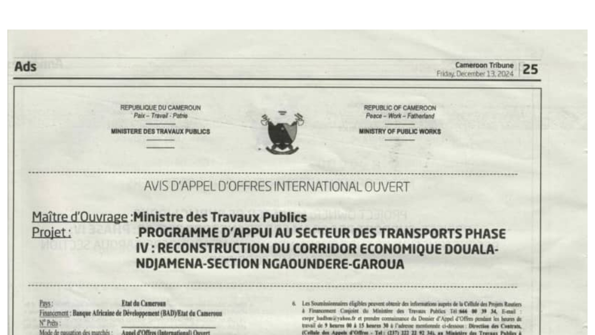 Reconstruction de la route Ngaoundéré-Garoua: 23 entreprises et groupements à l'assaut d'un investissement de plus de 200 Milliards f cfa