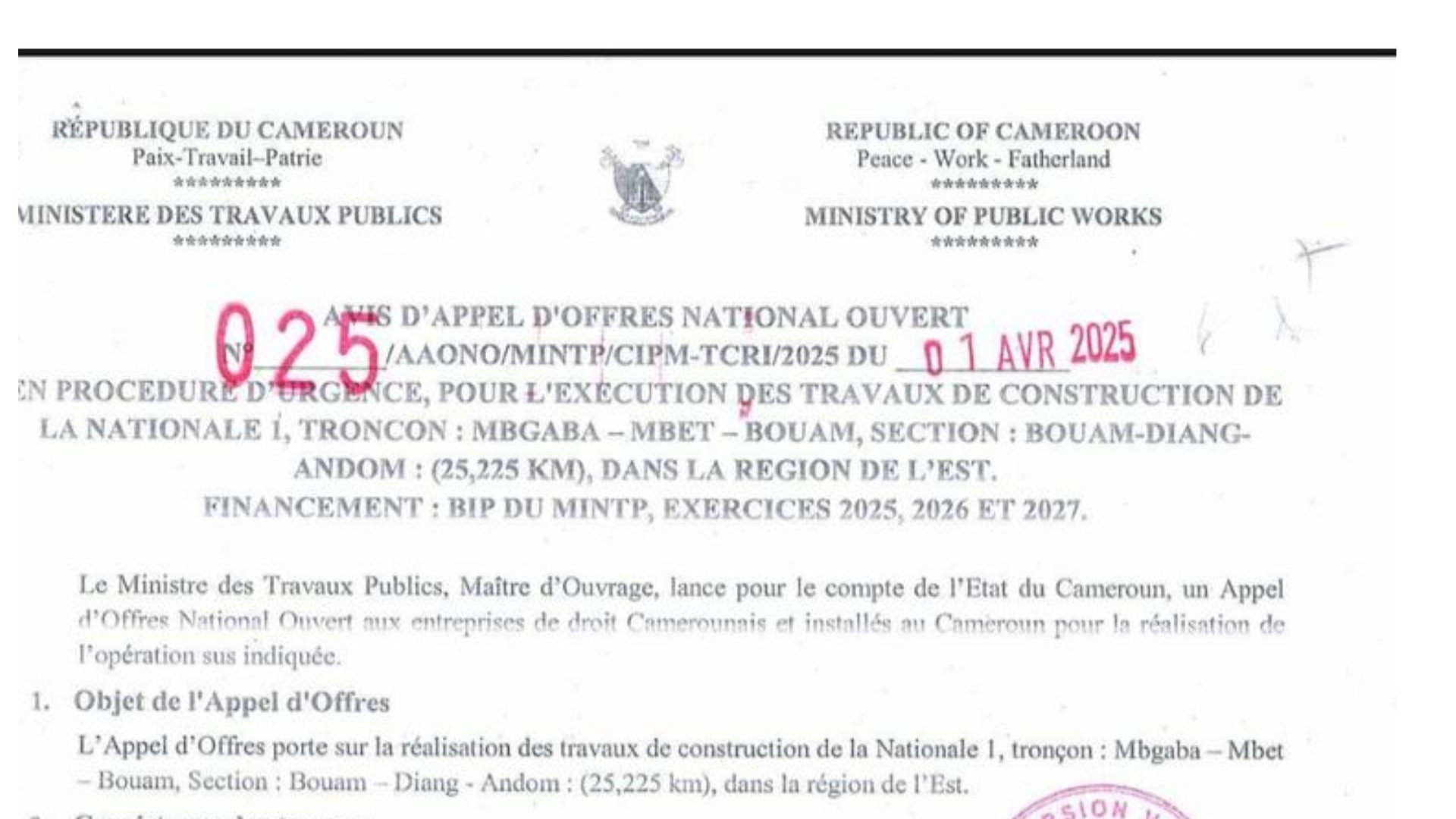 Route Mbgaba-Mbet-Bouam : un Appel d’Offres lancé pour la construction de la section Bouam-Diang-Andom (25,225 km)