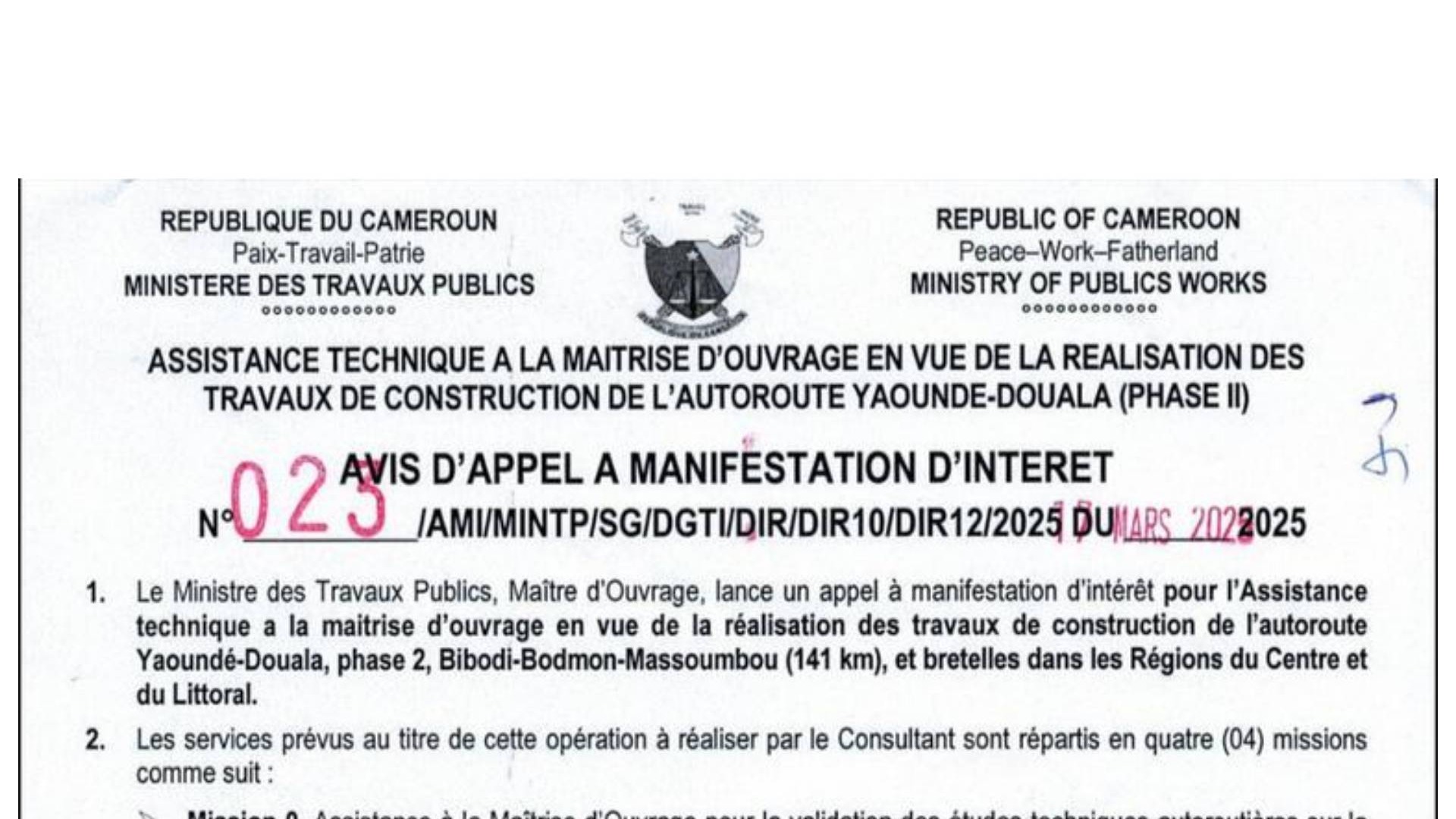 Autoroute Yaounde-Douala (phase 2): déjà 5 km d'emprises libérées et un AMI lancé pour le recrutement du BET