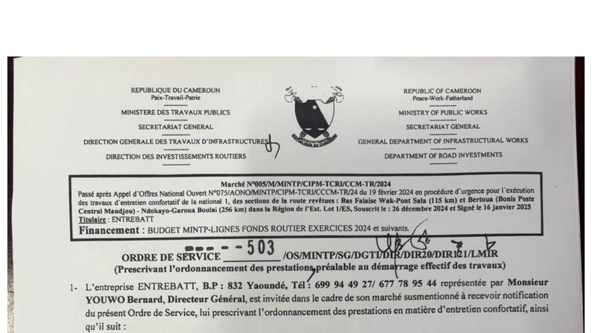 Entretien des sections Bas Falaise Wak-Pont Sala et Bertoua-Ndokayo-Garoua Boulaï sur la N°1: Le Maitre d’Ouvrage procède au cadrage des prestations de l’entreprise