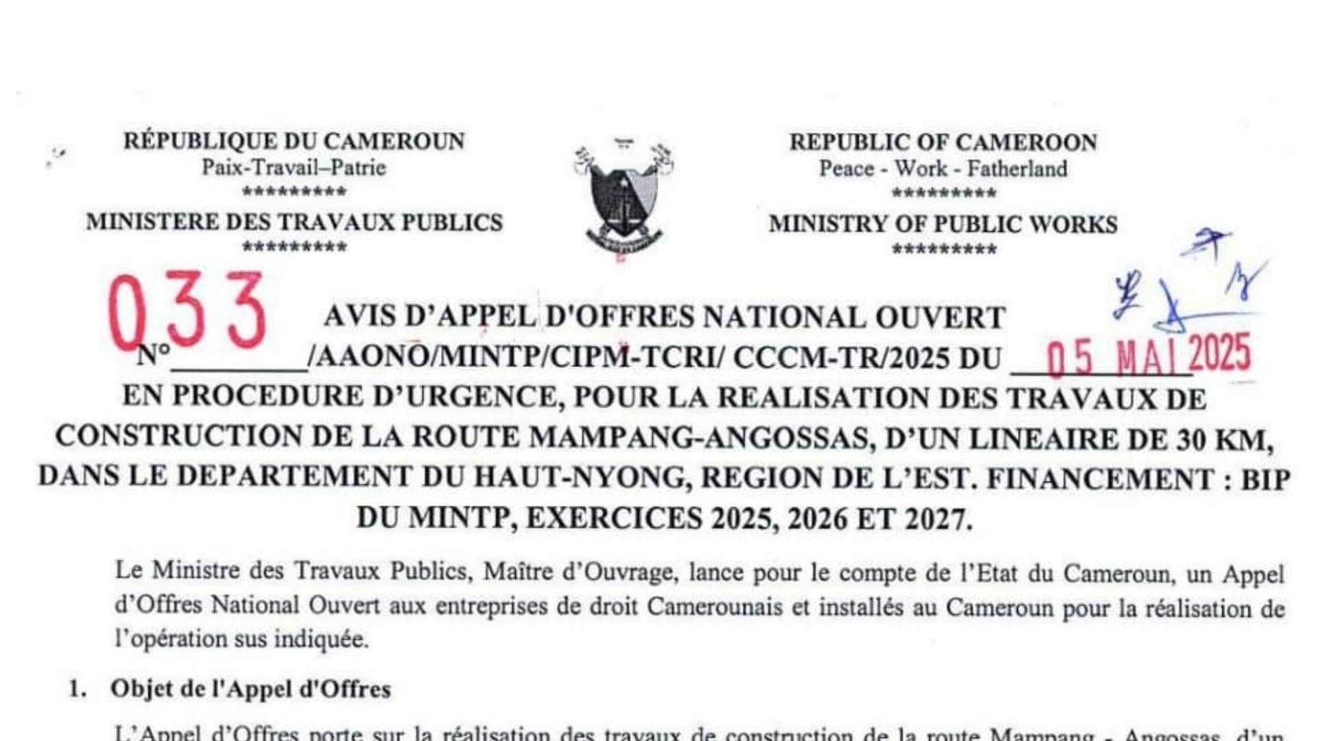 Route Manpang-Angossas: l’appel d'offres lancé de nouveau pour les travaux de construction