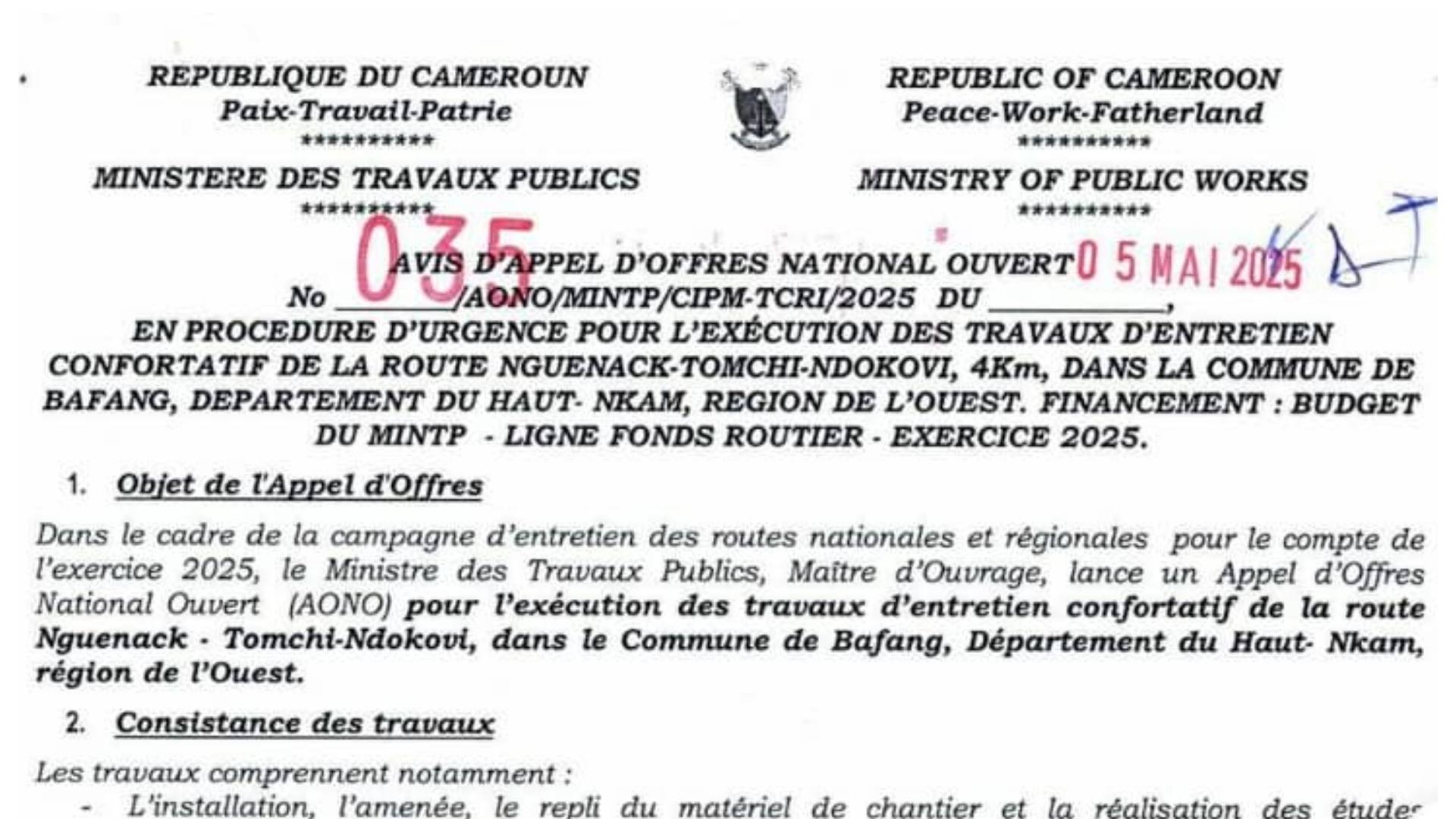Entretien de la route Nguenack-Tomcho-Ndokovi (4km) : un Appel d’Offres National lancé pour réaliser les travaux en 5 mois