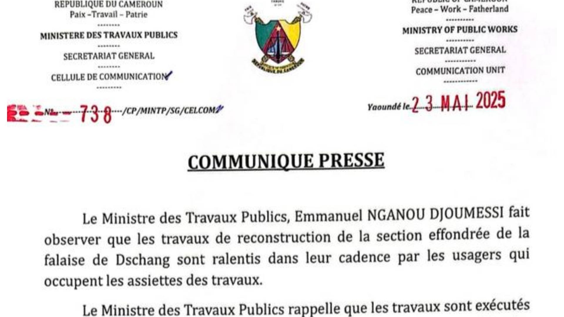 Reconstruction de la falaise de Dschang:  Le MINTP invite les usagers et les populations  au respect des consignes de sécurité pour l'avancement des travaux