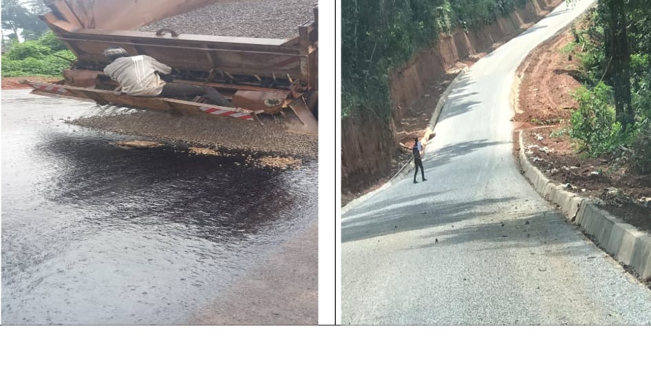 Aménagement en enduit superficiel bicouche et béton bitumineux de la route Mva'a Eve'e-Loum (16km): plus de 9 km  déjà revêtus 