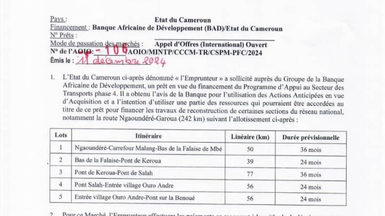 Reconstruction de la route Ngaoundéré-Garoua: le Ministre des Travaux Publics lance un avis appel d'offres pour la sélection des entreprises