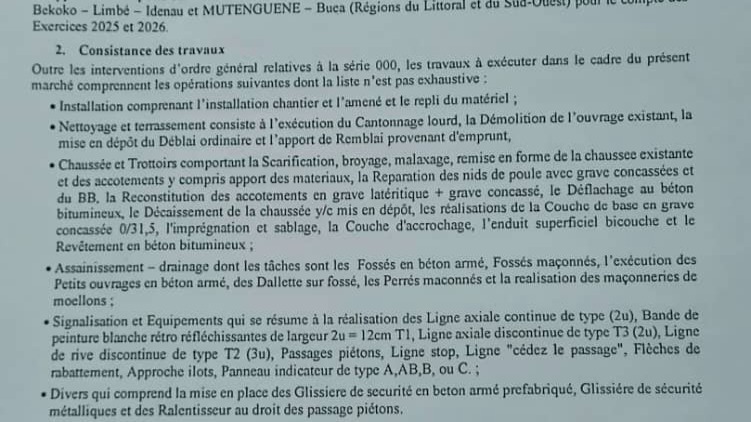Entretien confortatif des routes nationales 3, section Bekoko-Limbe-Idenau et Nationale 8, Mutengene-Buea: le Maître d’ouvrage lance un avis d’appel d’offres