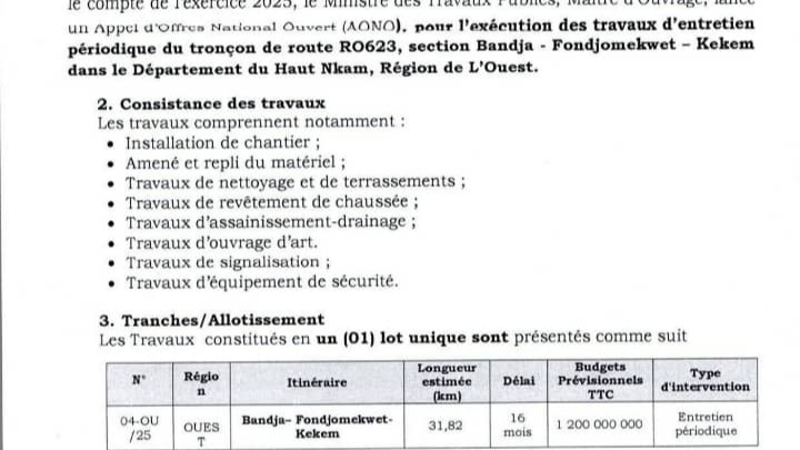 Section Bandja-Fondjomekwet-Kekem : Un avis d’appel d’offres lancé pour l'exécution des travaux d’entretien