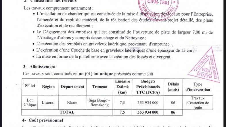 Entretien de la route Siga Bonjo-Bonamakong: le MINTP lance un avis d’Appel d’Offres pour des travaux d’entretien