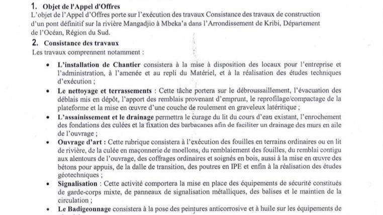 Construction d’un pont définitif sur la rivière Mangadjio à Mbeka’a: le MINTP lance un avis d’Appel d’Offres National